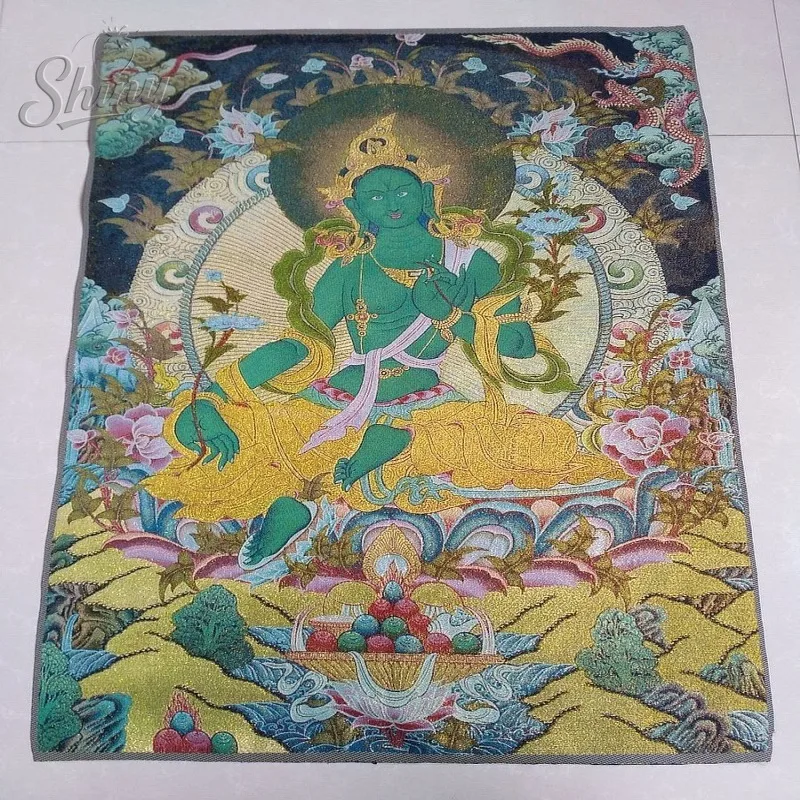 

35.4″ Green Tara Guanyin Brocade Tibetan Tangka Embroidery Painting Gold Thread Embroidery Decorative Hanging Pictures