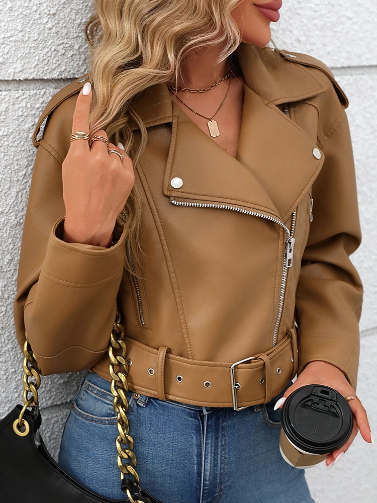 Ailegogo New Spring Autumn Women Loose Fit Moto Biker Short Pu Faux Leather Jacket Streetwear Female Zipper Belt Coat Outwear