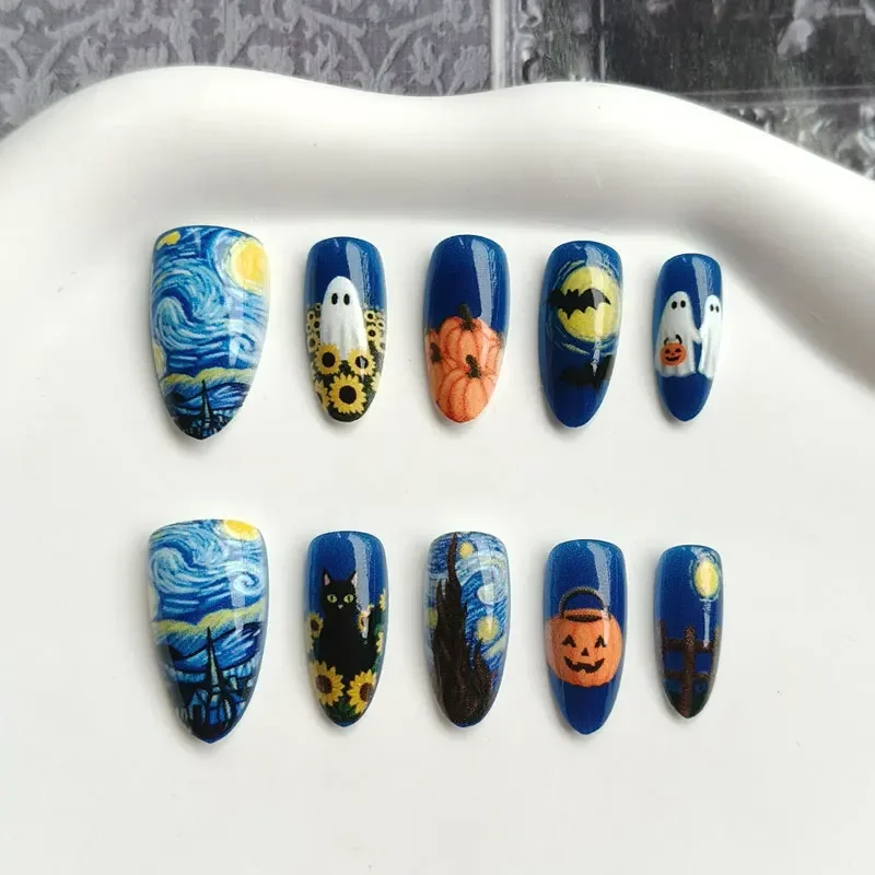 10Pcs French Style Almond Shape Halloween Atmosphere Press on Nails Phantom Gilded Nails False Dark Green Skull Nail Stickers