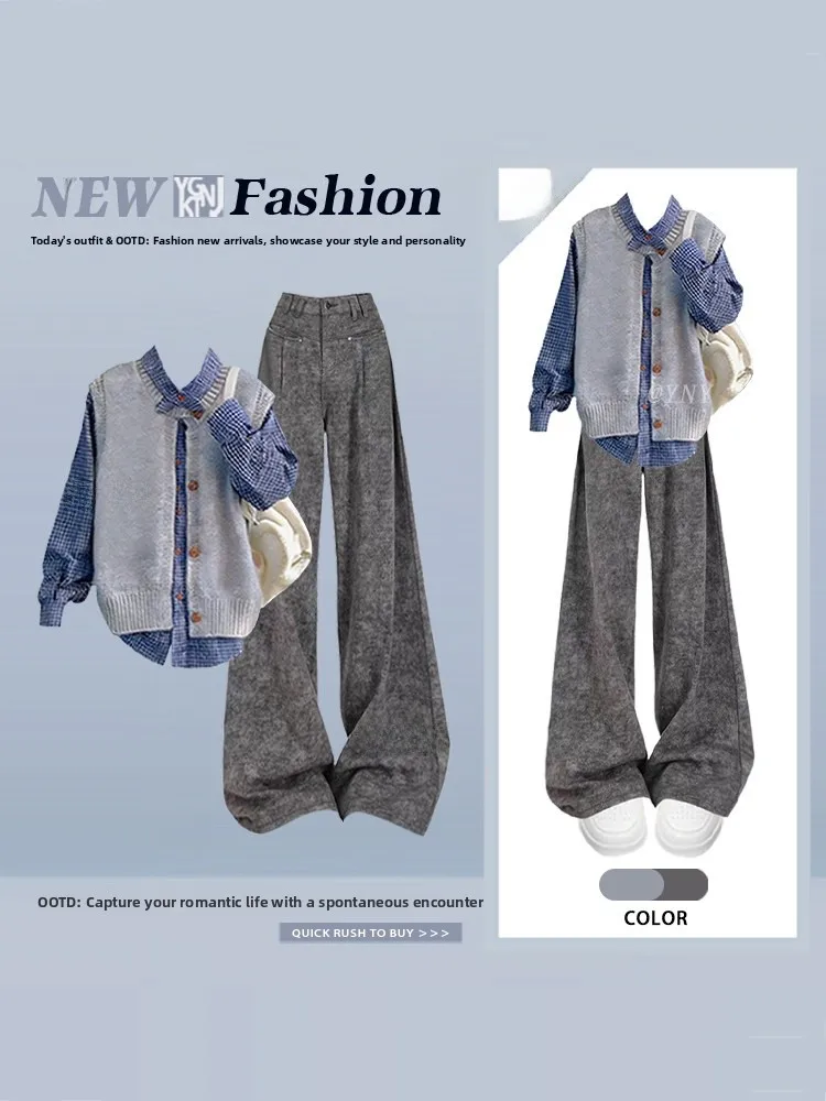 

Spring Knitted Vest irt ey Wide Leg Pants Tee Piece Set Women's Korean Sle Slimming Agel Ensemble High Waist Trousers