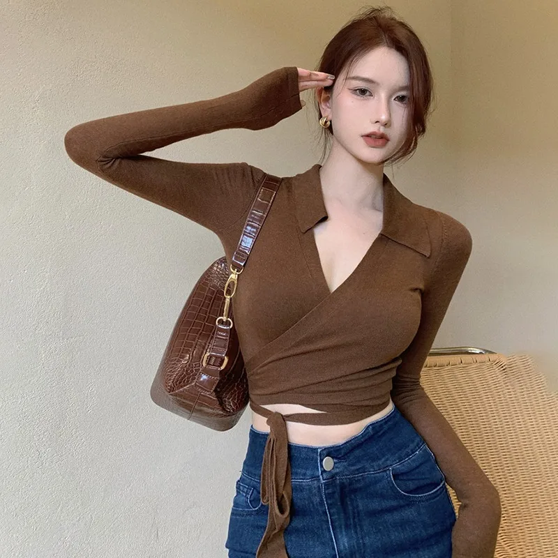 Women's Sweater V Neck Lace-up Slim Sexy Long Sleeves Retro Knitted Solid Color Hot Girl Party Club Inside Wear Spring Summer