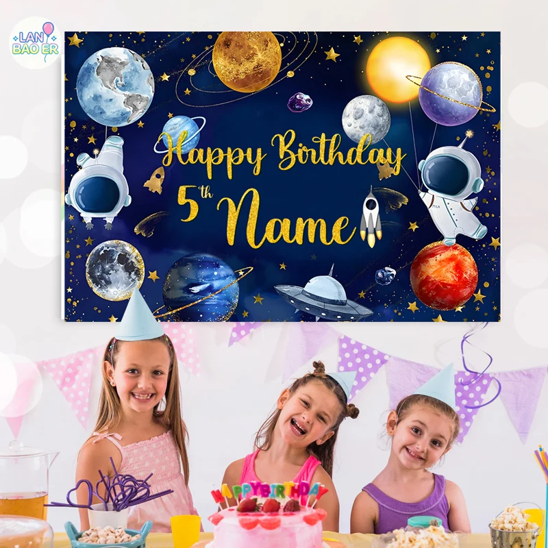 Space Aerospace Cosmic Planets Birthday Boy Backdrop Decorations Background Party Kids Birthday Banner Custom Name Photography