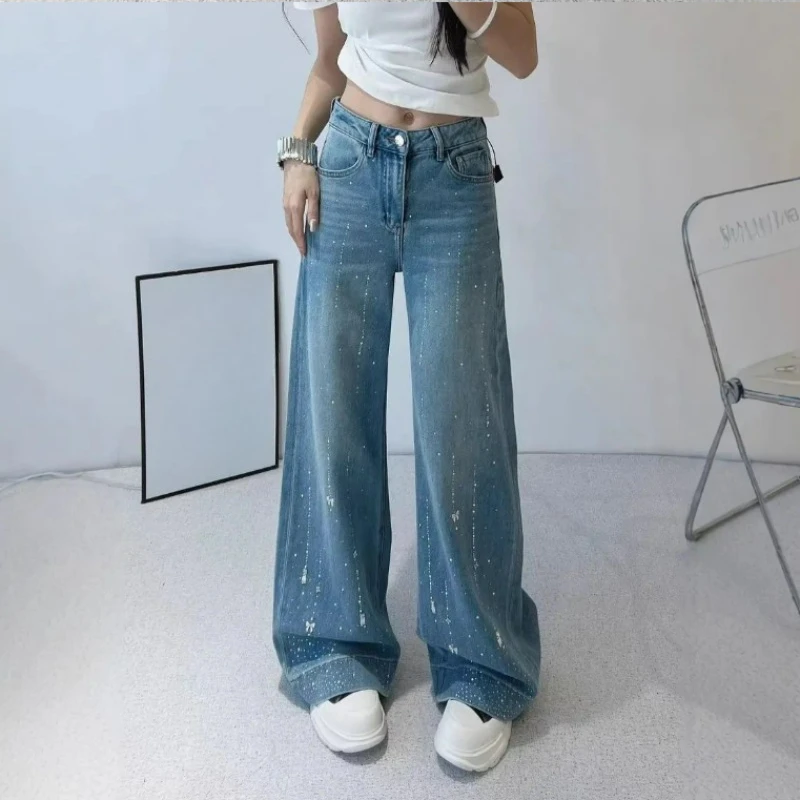 American-style Cross-border Small Design High-end Rhinestone Tassel Decorated Jeans 2025 New Women's Loose Straight-leg Pants
