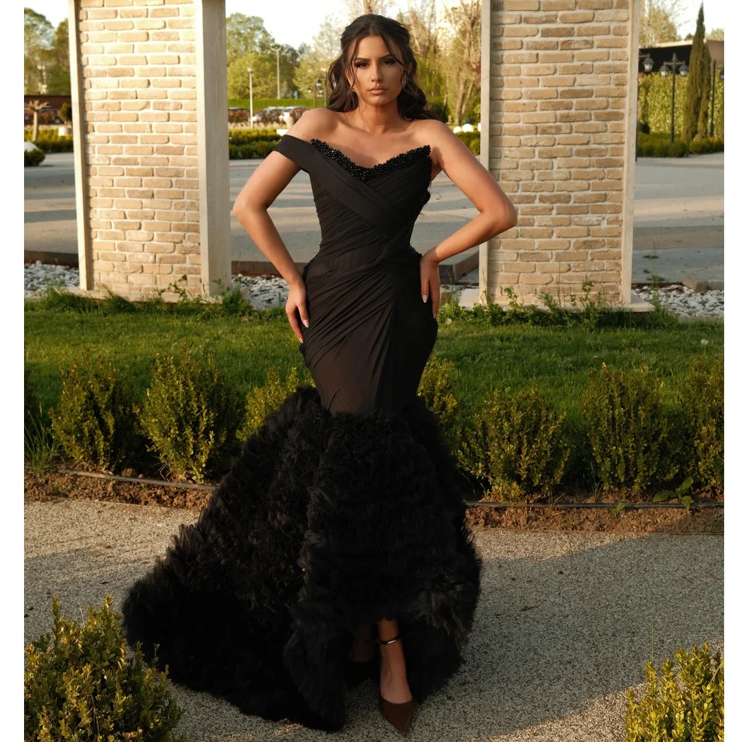 Black Trumpet Evening Dresses Exquisite Ruched Beaded Prom Dress High Low Luxury Party Gown Gala Vestidos Customized
