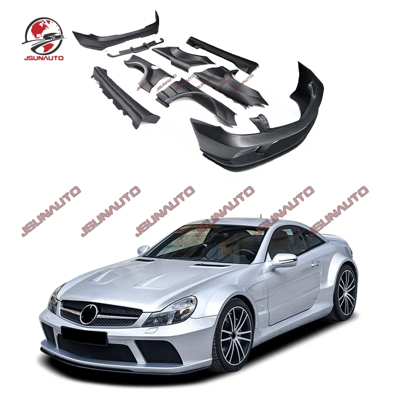 For Benz SL Front Bumper Fiberglass Body Kit Black Serise Style Rear Bumper Side Fenders Wide Kit For Sl R230 08-11 Rear Wing