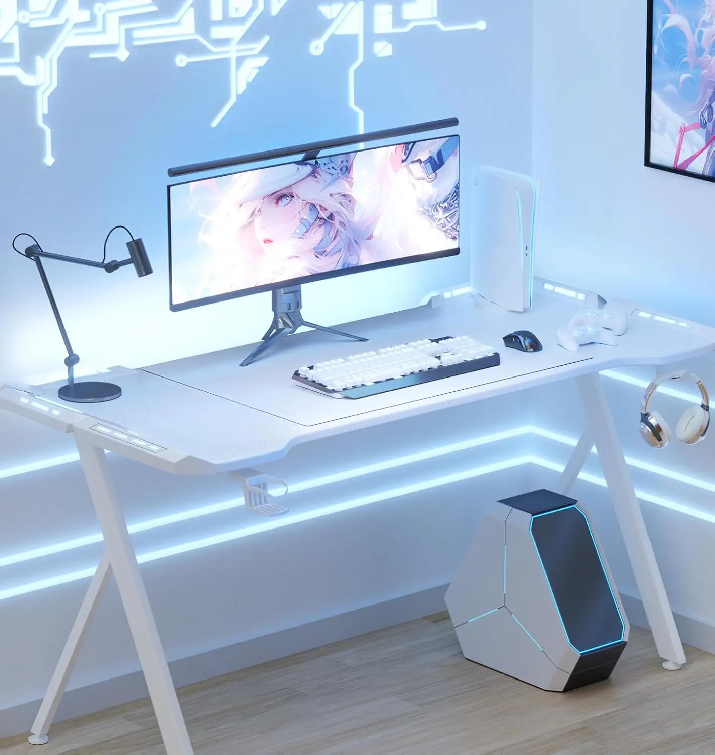 Dowinx Gaming Desk with LED Lights, RGB Gaming Computer Table with Carbon Fibre Surface, LED Home  Office Desk