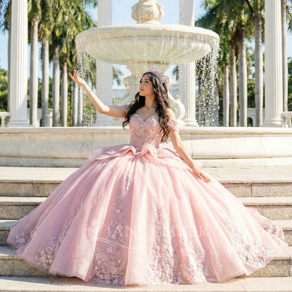 

Блестящее 3D-платье для Quinceanera с цветочным узором, короткими рукавами, индивидуальным дизайном, расшитое бисером, бальное платье принцессы, длинное платье для вечеринки Sweet 15, с завязками на спине