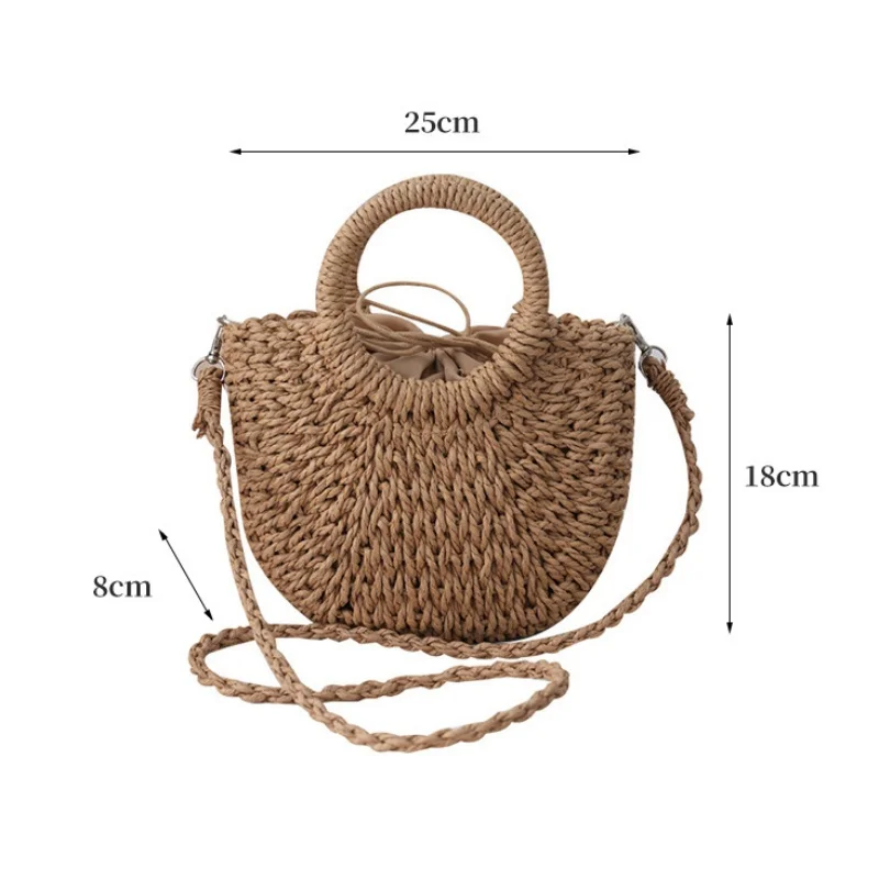 Straw Bag Women Hand-Woven Handbag Moon Shape Lace Bow Rattan Bag Big Capacity Drawstring Casual Beach Shoulder Crossbody Bag