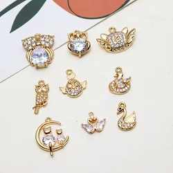 1pcs Copper Gold Plated Micro Inlay Zircon Swan Owl Necklace Pendant Diy Jewelry Earrings Accessories Materials Handmade Charms