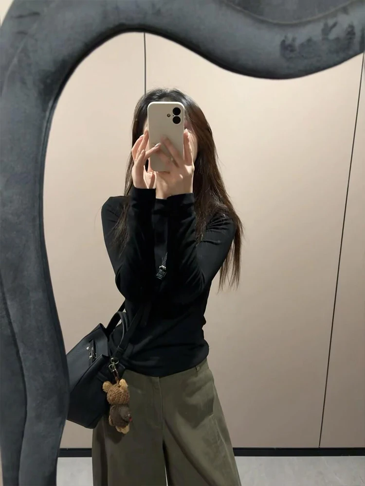 Bla Pure Cotton Base Layer Long Sve T-irt round Ne Slim Fit Versatile Casual Sle Women's Top for Autumn