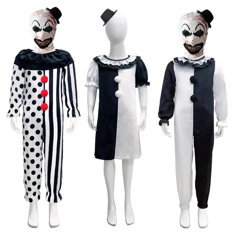 

Horror The Clown Costume Halloween Cosplay Outfits Killer Clown Jumpsuit Children Bodysuit Unisex Headgear Carnival Party Props