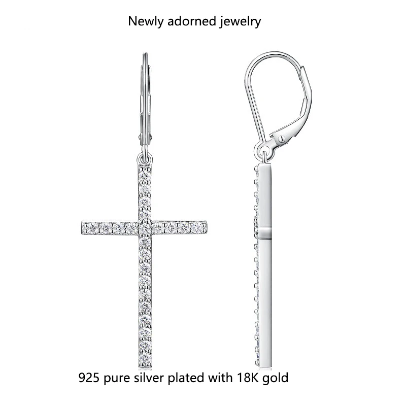 

Cross-border fashion S925 sterling silver meticulously crafted cross pendant earrings with moissanite stones, high-end accessori