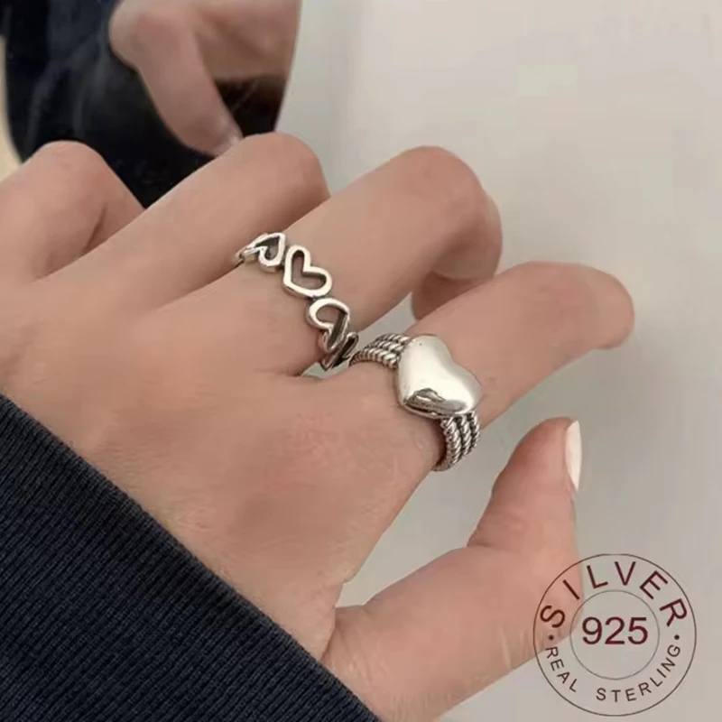 925 Sterling Silver LOVE Heart Rings for Women Couples New Fashion Vintage Punk Hollow Geometric Party Jewelry Gifts