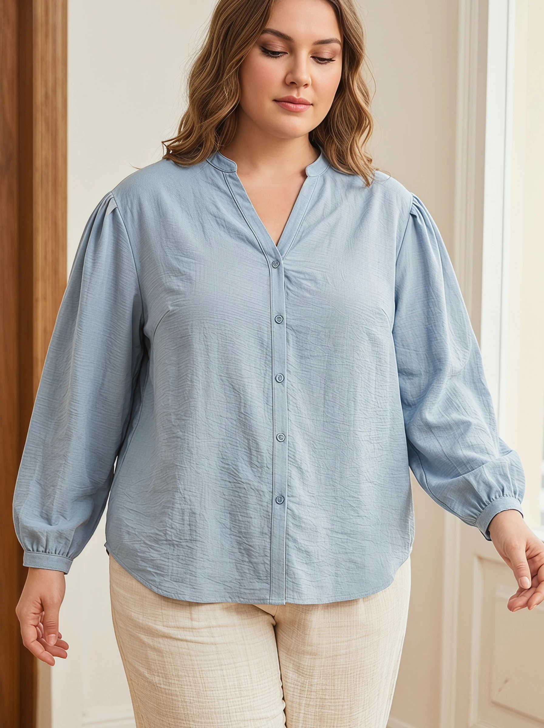 

Rosa fera Plus Size Women Casual Blouse V Neck Long Puff Sleeve Loose Button Up Shirt
