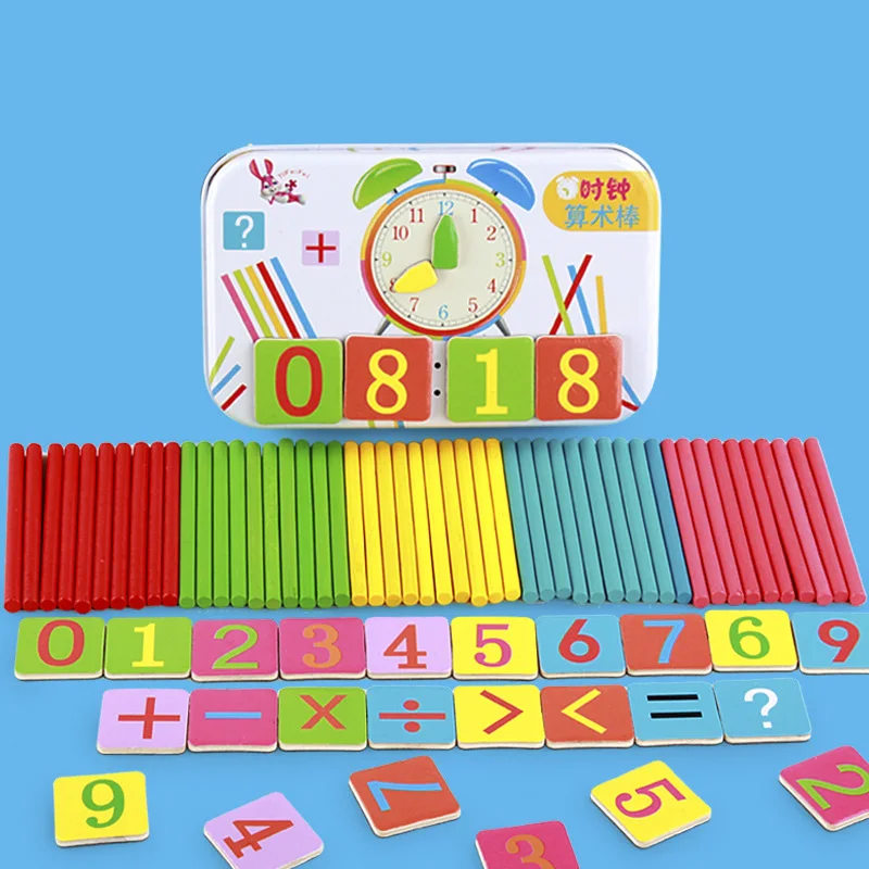 子供の鉄箱番号啓発ペアパズル木製時計カウントスティック数学おもちゃボードゲーム知育玩具