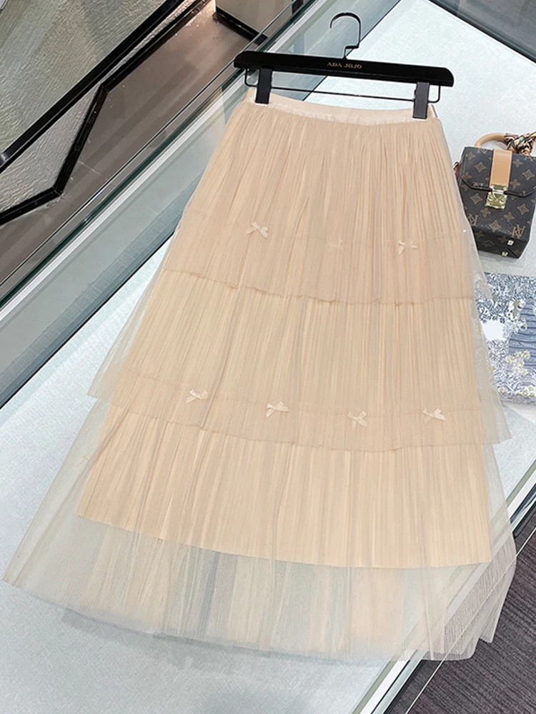 

Ele European Sle Semi-Body Skirt for Women with Knot Cake Design High Waist A-Line Midi Skirt Summer Slimming
