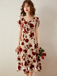 LOUIS YAO Women Dress 2024 Summer French Style Square Neck Puff Short Sleeve Slim Fit Print Flower Retro Elegant Long Dress