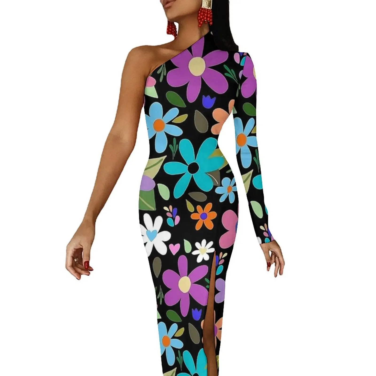 Flower Power Maxi Dress Long Sleeve Pop Art Flora Party Bodycon Dresses Spring Vintage Dress Women Graphic Vestidos