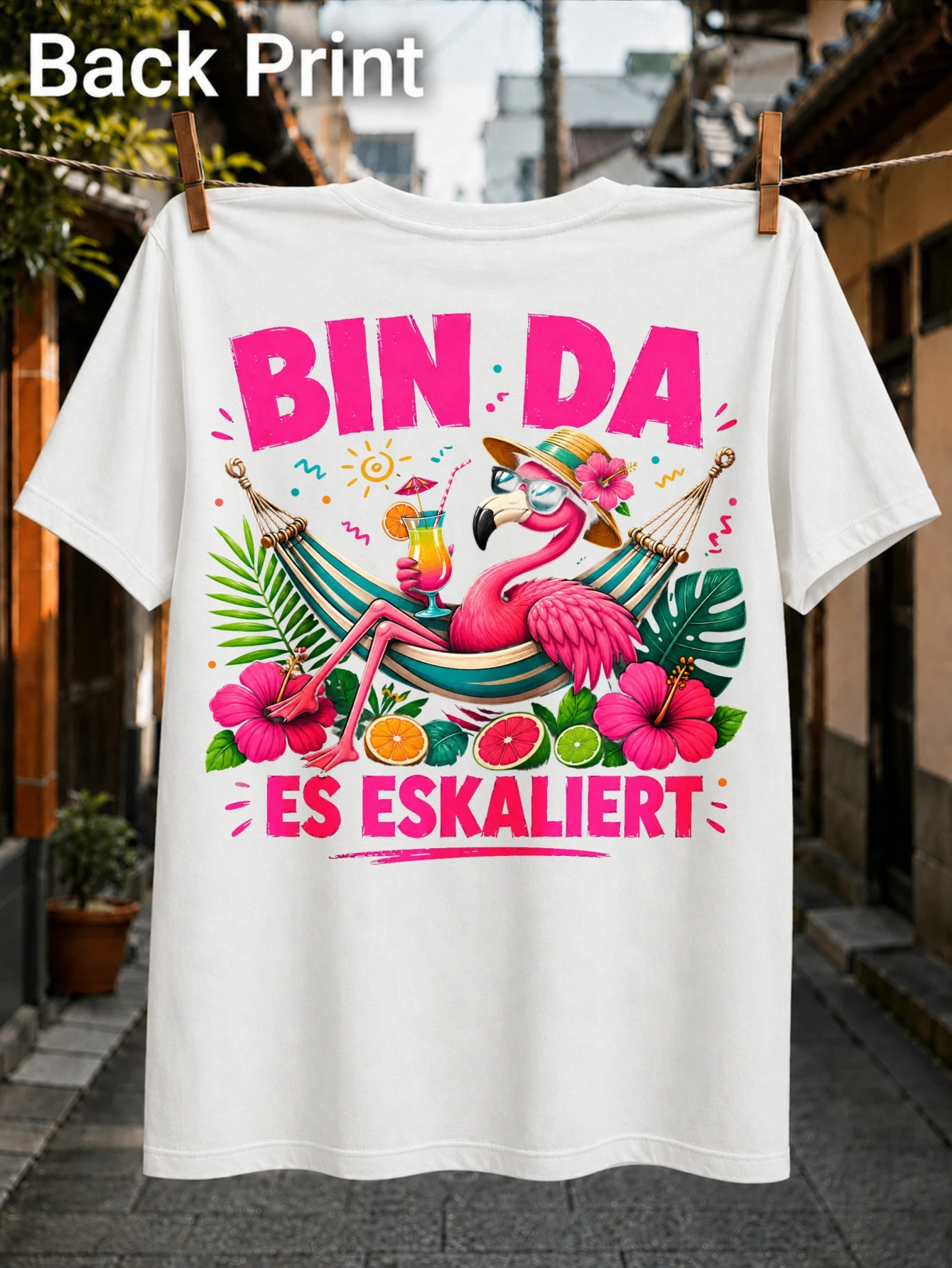 pink flamingo relaxing in a hammock with cocktail tropical flowers and BIN DA ES ESKALIERT slogan  Unisex All T-Shirt