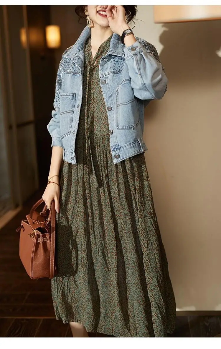 Fashion Sequin Denim Jacket For Women 2025 New Short Loose Slim Denim Coat Tops Sping Autumn Women Heavy Industry Denim Jacket - Image 4