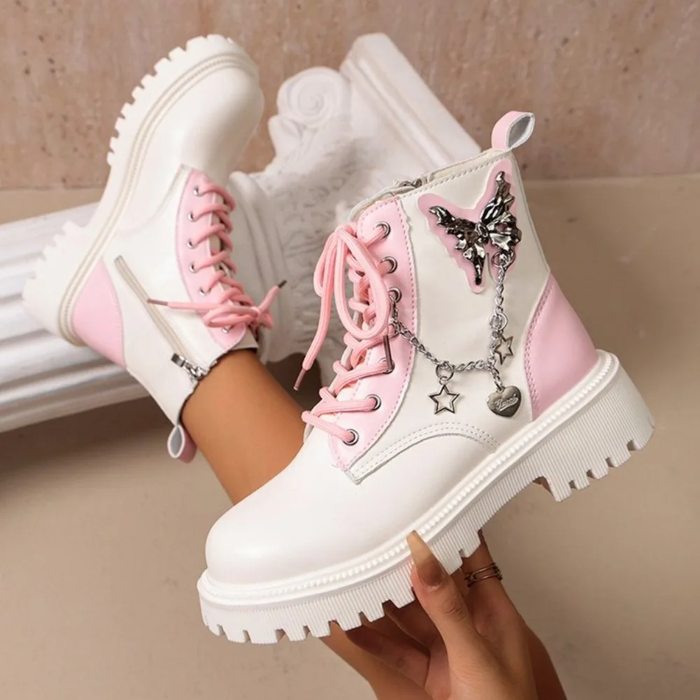 Bow Love Platform Single Boots Autumn New Round Toe Colorblock Front Lace-up Platform Short Boots Fashion Chain Ankle Boots
