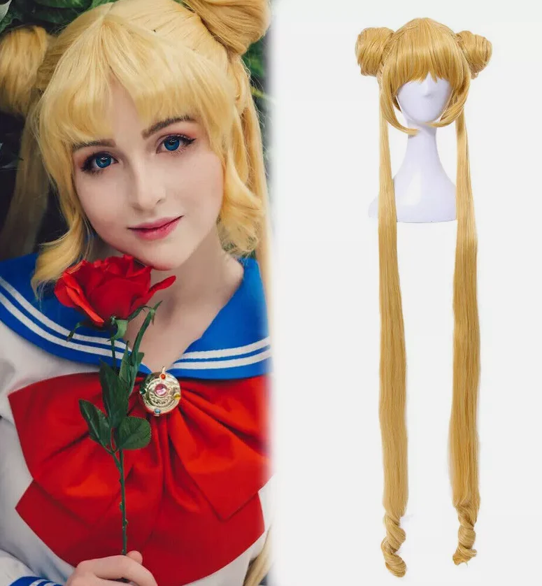 Anime Tsukino Usagi Long Golden Blonde Buns Ponytails Cosplay Full Wigs