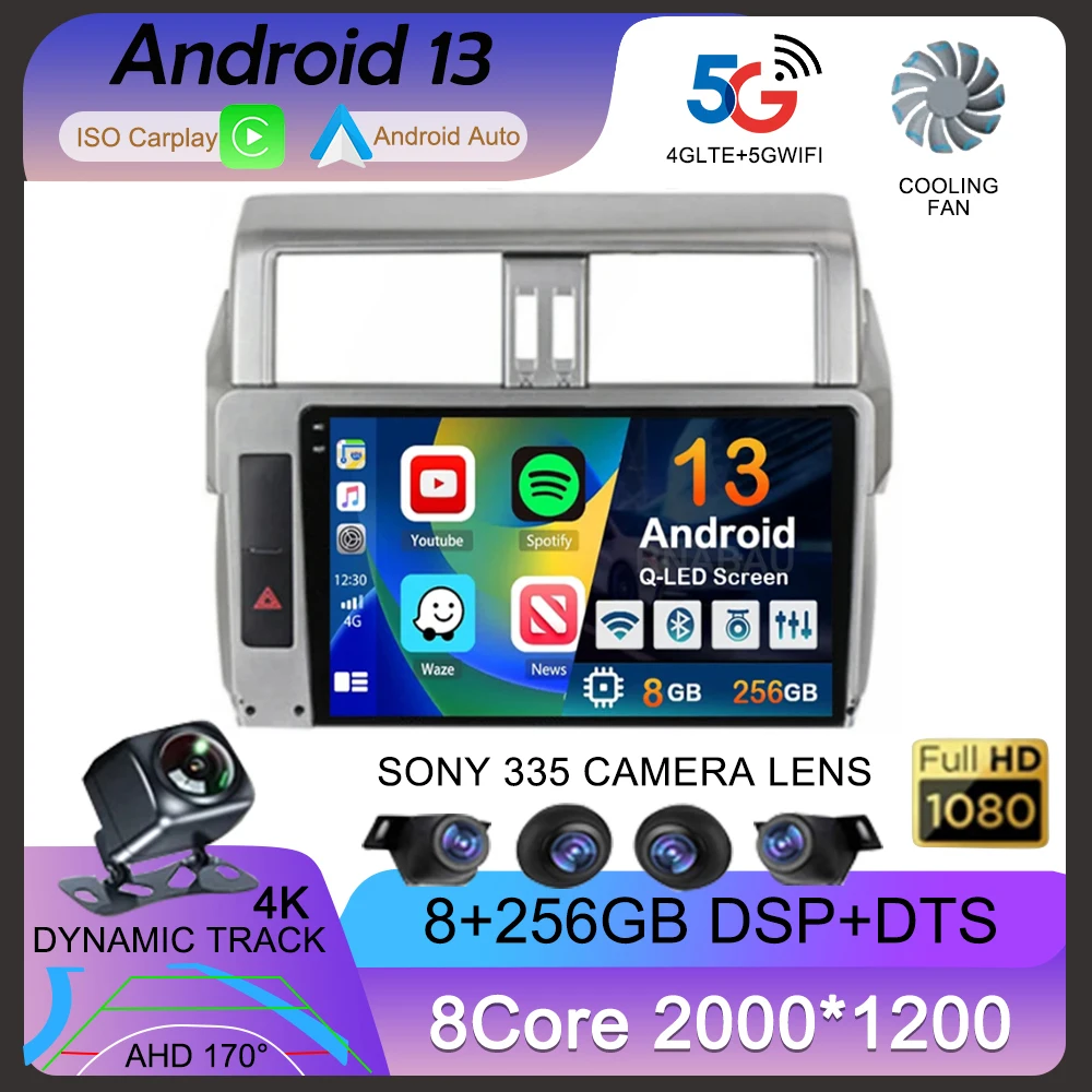 

Android 13 Carplay For Toyota Land Cruiser Prado 150 2013-2017 Car Radio Multimedia Video Player Stereo GPS 360 Camera Head Unit