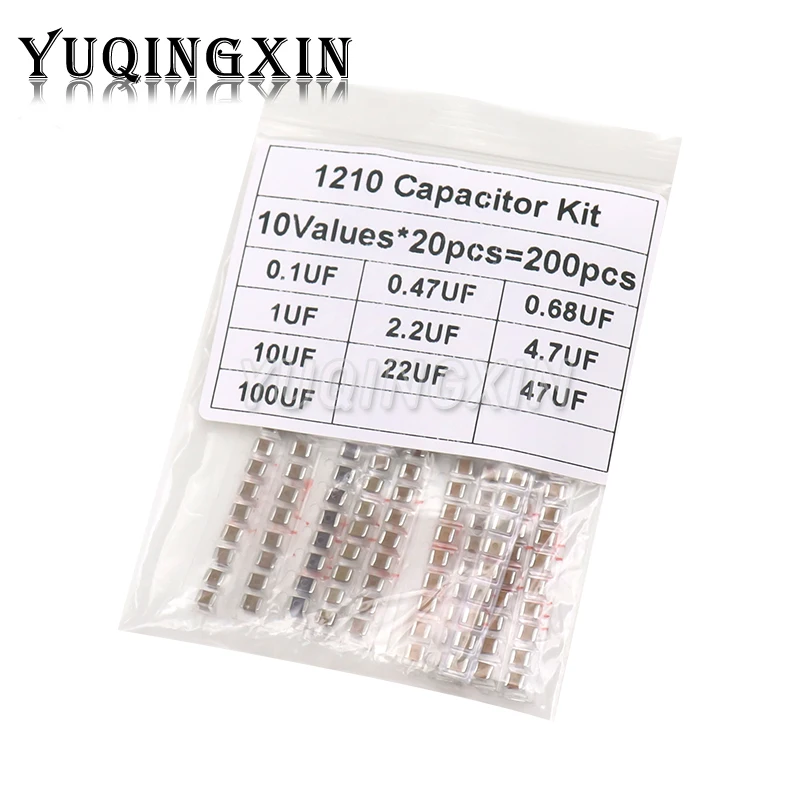 200pcs 1210 SMD Capacitor Assorted Kit 10Values 0.1uF - 100uF 100nF 0.47uF 0.68uF 1uF 2.2uF 4.7uF 10uF Capacitance Samples Set