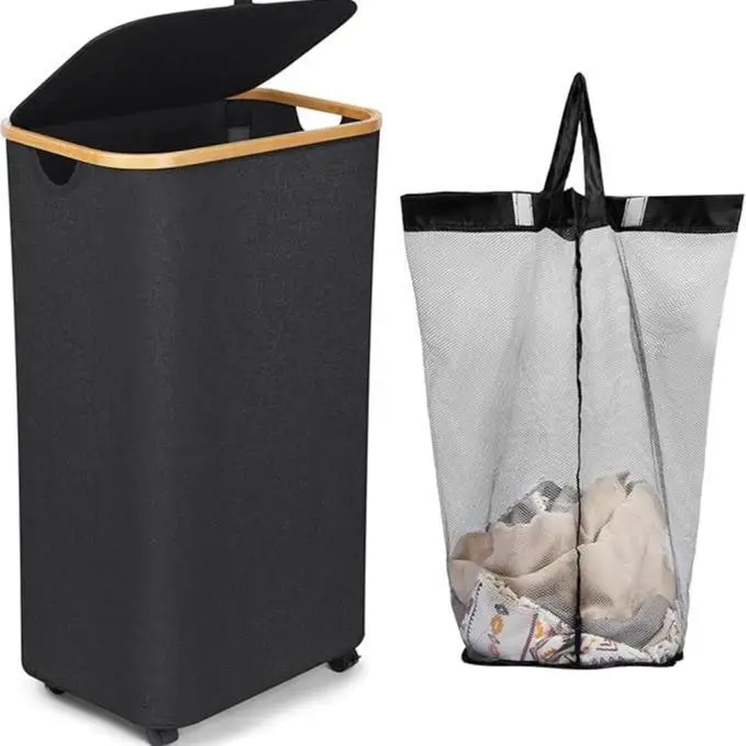 

Large Basket With Wheels 100L Capacity Bamboo Handles Waterproof Compact For Effortless Laundry Sorting And Transport
