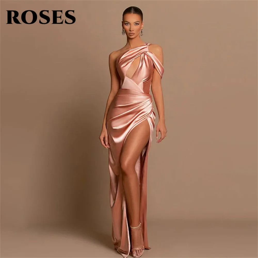 

ROSES Champagne Prom Dress One Shoulder Mermaid Satin Evening Dress Pleats Bodice Party Dress with High Side Split فساتين سهرة