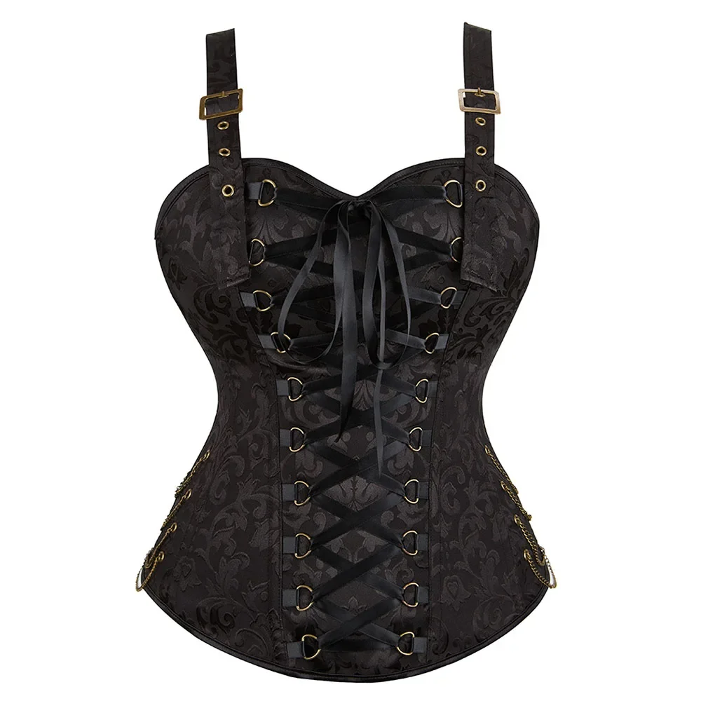 

Women Corset with Straps Overbust Bustier Vest Plus Size Floral Jacquard Corsets Zipper Top Gothic Steampunk Corselet