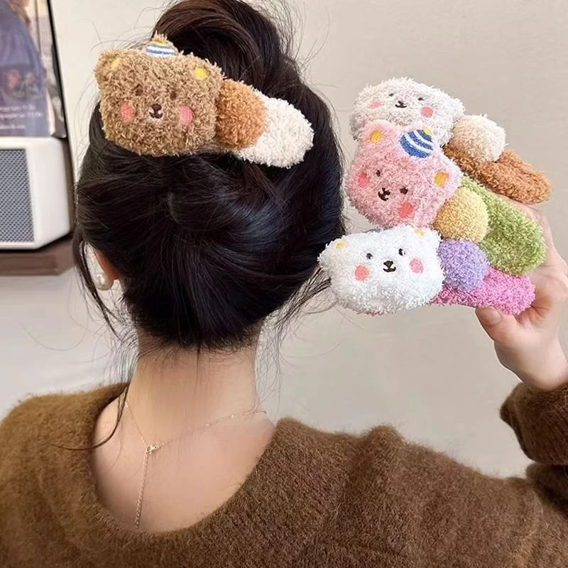 1 PC ฤดูใบไม้ร่วงและฤดูหนาวขนแกะน่ารักหมีผมคลิปขนาดใหญ่ Plush Duckbill คลิปล้างหน้าอุปกรณ์เสริมผมด้านข้าง Bangs คลิป