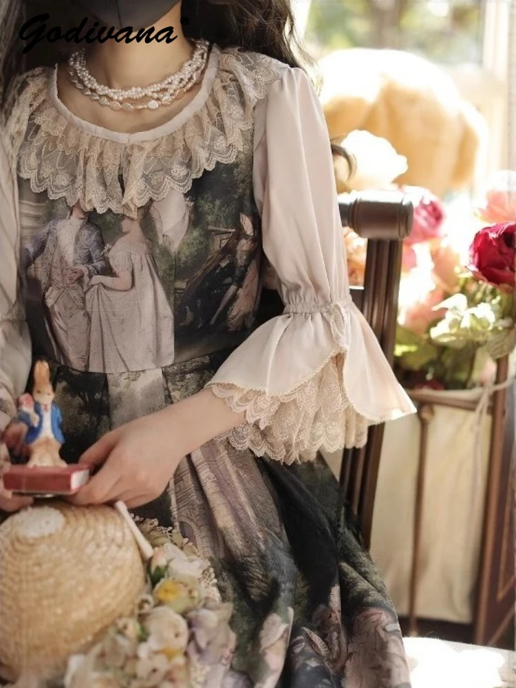 

Original New Summer Lace Flare Sleeves Shirt Lolita Sweet Girl Women's Round Neck Solid Color Blouse Female Blusas Tops