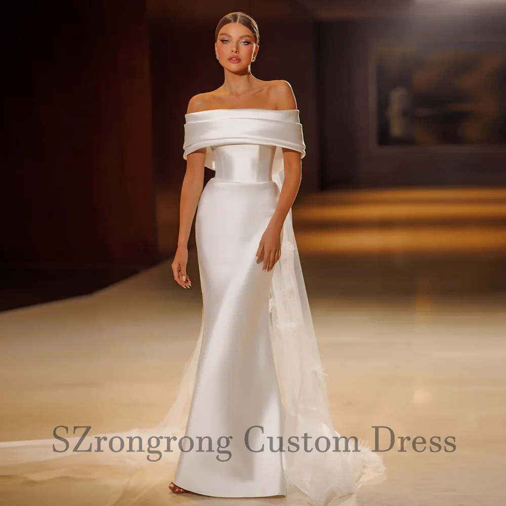 

Modern Boat Collar Pleat High Quality Wedding Dress Backless Satin Mermaid Sexy Bridal Dress with Train Custom Made Vestidos