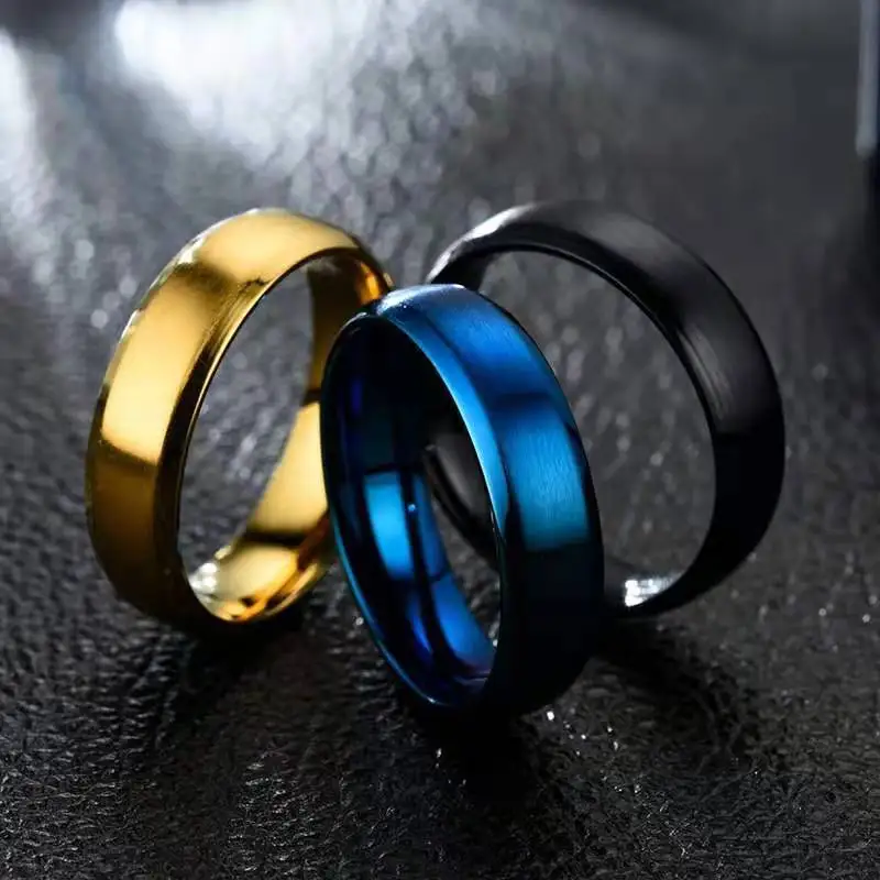 Maxmoon Men's fashion 8MM Black Brushed Ladder Edge Stainless Steel Ring Blue Groove Men Wedding Ring Gifts For Men