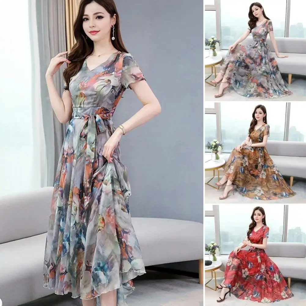 

Women Party Dress Luxuriant Floral Print A-line Big Swing Lace-up Maxi Dress Retro Ice Silk Pleated Prom Evening Dress Платье