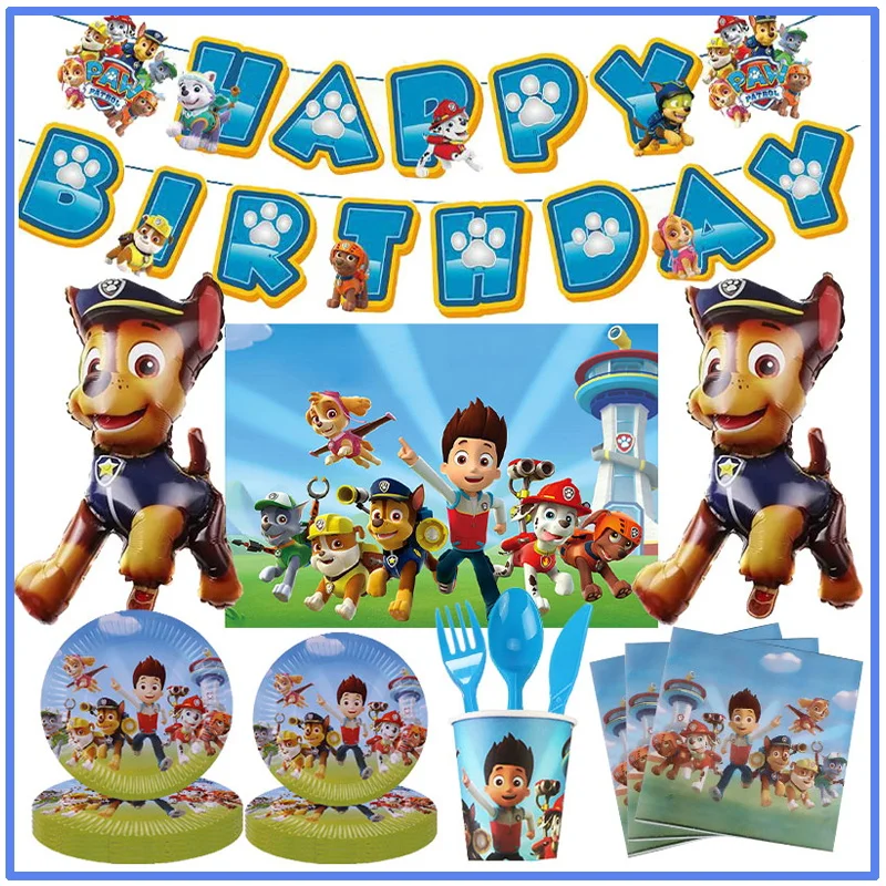 Paw Patrol Birthday Party Decoration PAW Patrol Backdrop Paper Cups Plates Napkins Kit Balloons Happy Birthday Supplies Set Kids