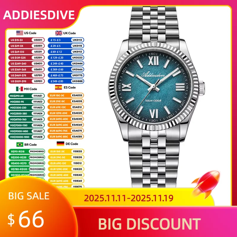 

ADDIESDIVE New Quartz Watch For Men Waterproof Stainless Steel Luminous Sapphire Glass VH31 Movement BGW9 Luminous Analog Watch