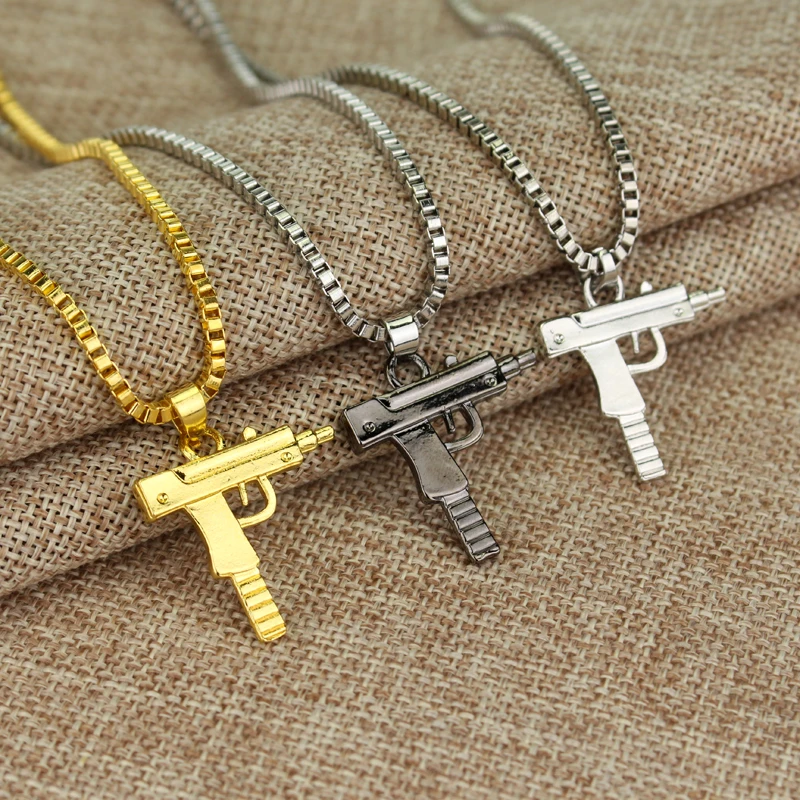 Hip Hop UZI Kolye GUN Shape Pendant Necklace Gold/Silver Color Army Style Male Chain Men Necklaces Jewelry