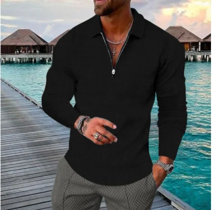 Men\'s new spring and autumn large size long sleeve lapel zipper high-grade casual shirt POLO shirt