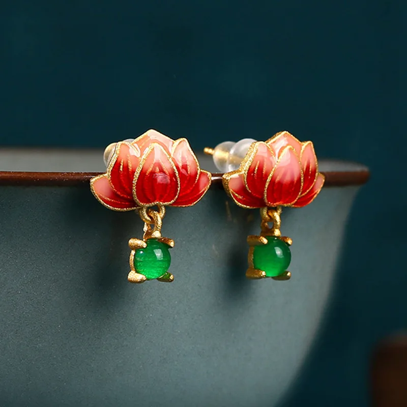 Green Real Jade Lotus Earrings 18K Gold Plated Energy Women Ear Studs Vintage Stone Gemstone Luxury Amulet Natural Jewelry