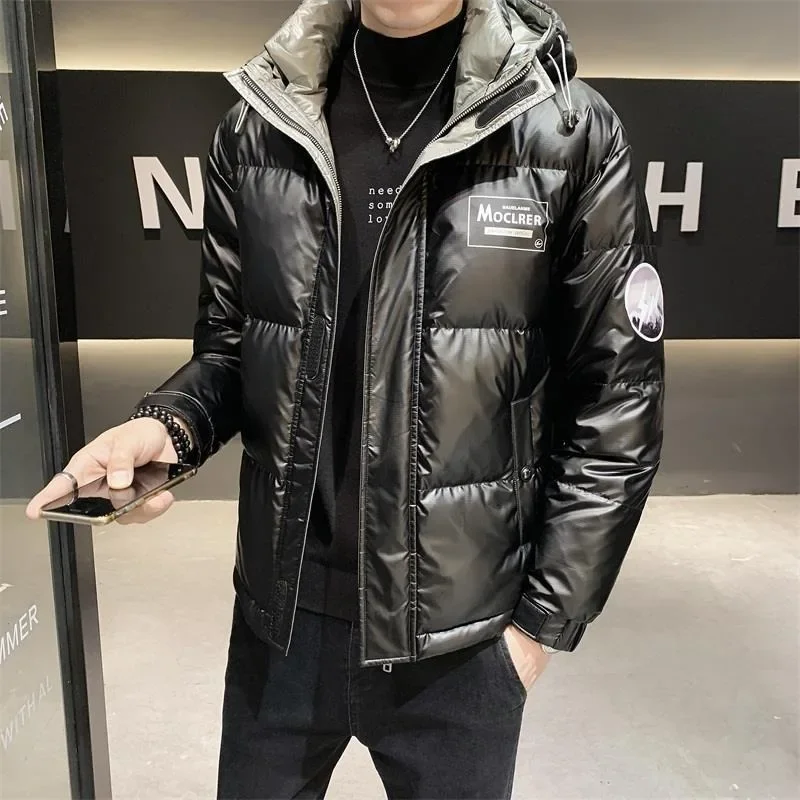 Novos homens jaqueta casaco moda curto brilhante solto parkas fino ajuste com capuz lazer outwear inverno engrossar casaco tendência