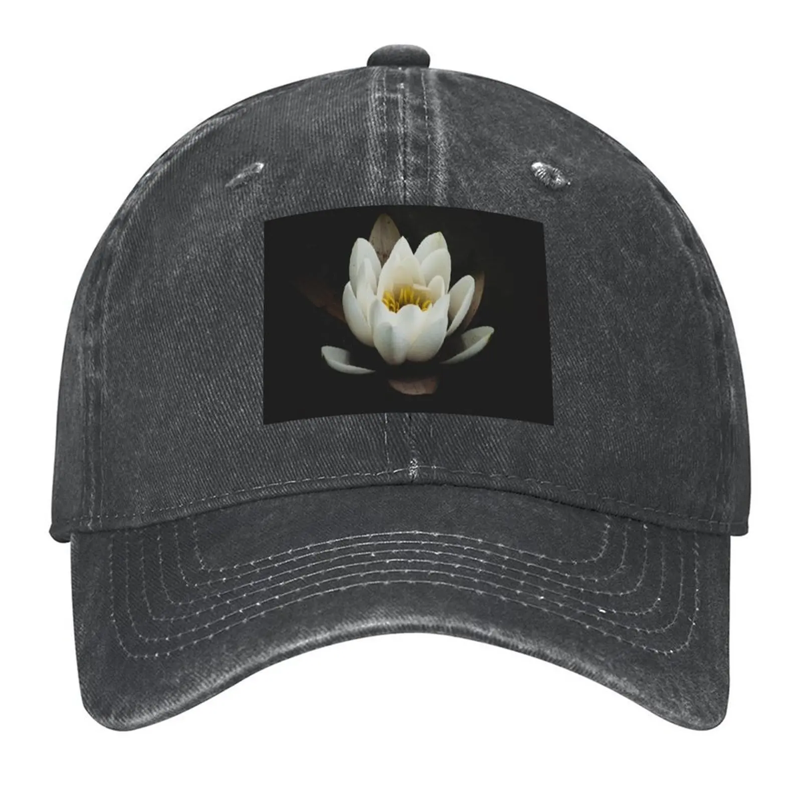 

Stunning Floral Design White and Yellow Water Lilly in Lilly Pond Black Background Baseball Cap Fashion Beach For Girls Men's