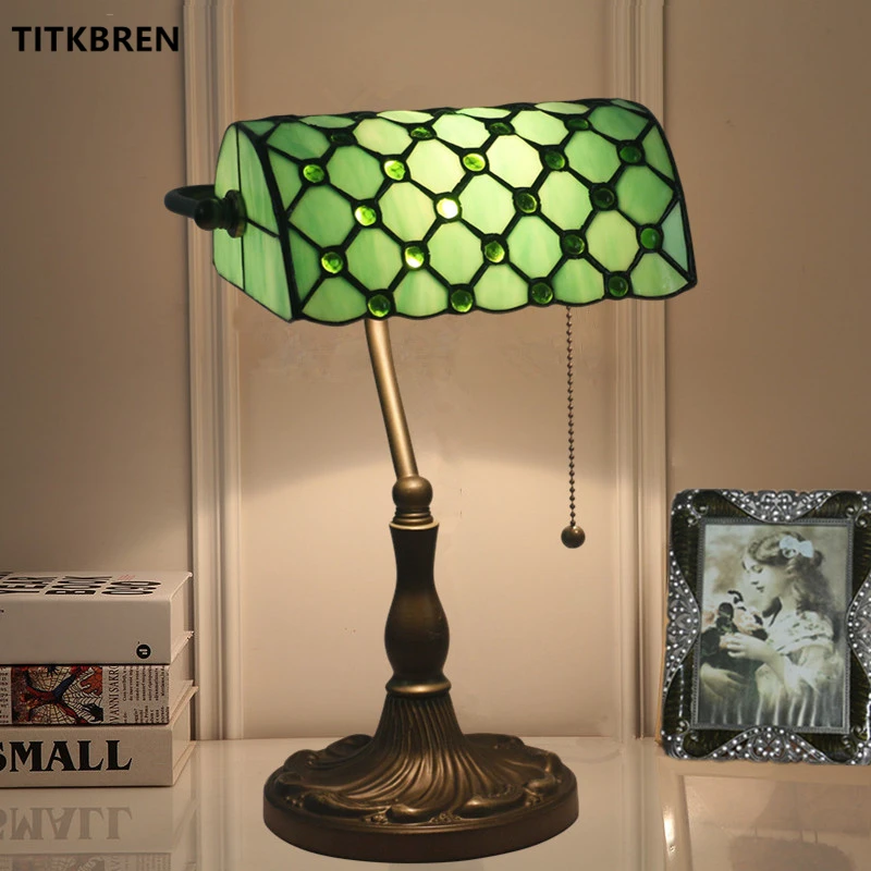 

Tiffany Stained Glass Table Lamps Bank Desk Light With Pull Switch Bedroom Bedside Coffee Shop Office Bar Green Beige Ocean Blue