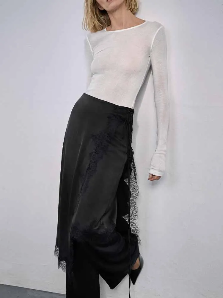

European and American style winter new arrival fashionable women's clothing design versatile mid-waist lace satin skirt