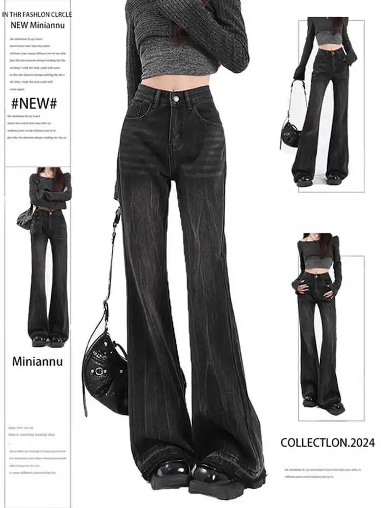 

Women's Low Flare Jeans Black Cyber Punk Abi Y2k Japanese High Waist Harajuku Long Trousers Denim Pants Bell Bottom Gyaru New