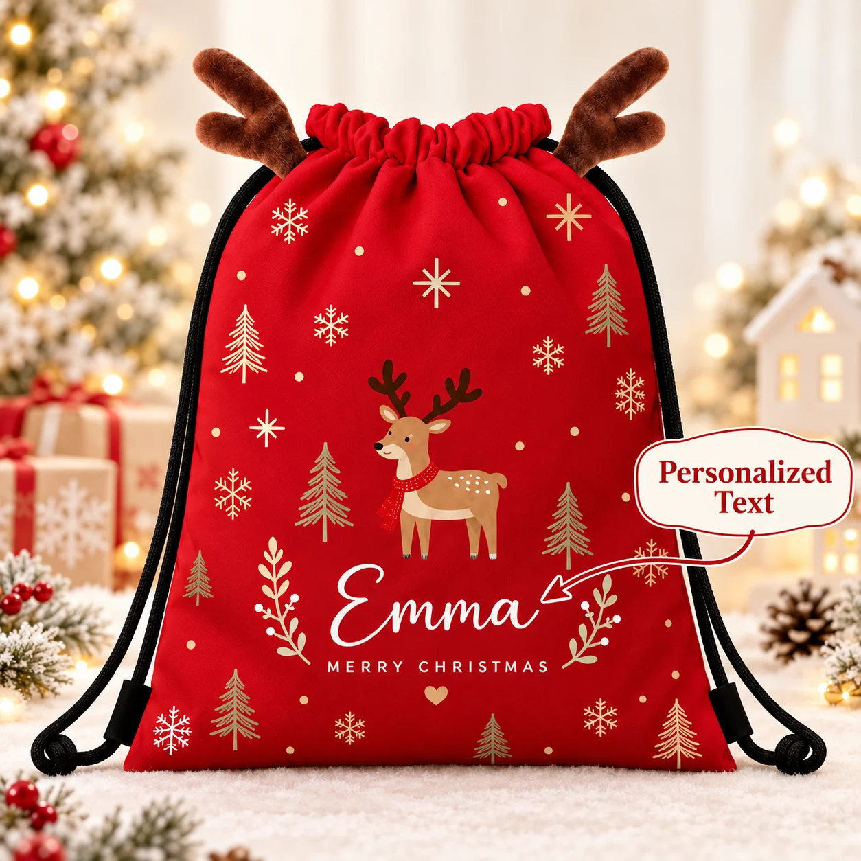 Custom Drawstring Bag Antler Custom Text Spring Pongee Large Capacity Machine Washable Cinch Sack For Gym Shopping School Travel