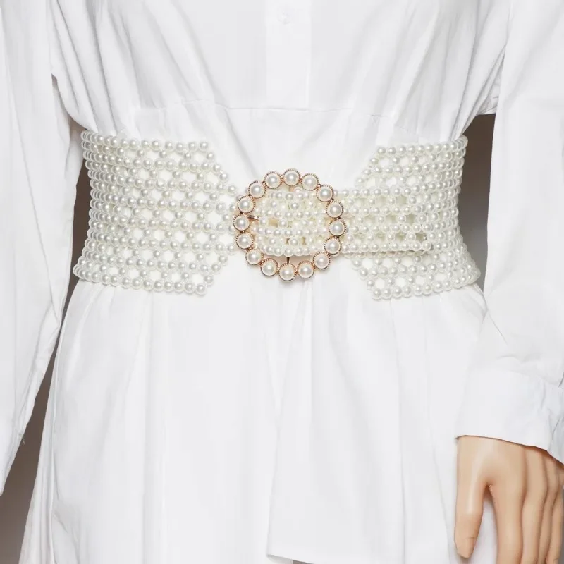 

Женский модный белый жемчужный вязаный эластичный корсет с бриллиантами, женское пальто с поясом, платье с поясом, украшение, широкий пояс