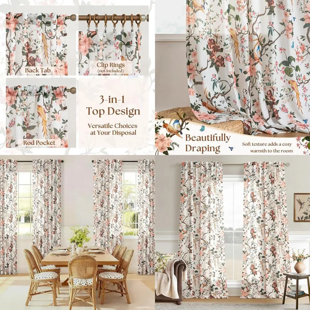 

Шторы из льняной ткани с бежевым цветочным принтом и птицами, 120 дюймов, 2 панели, с креплением на петлях, в стиле бохо-фармхаус, светопропускающие, для гостиной, столовой