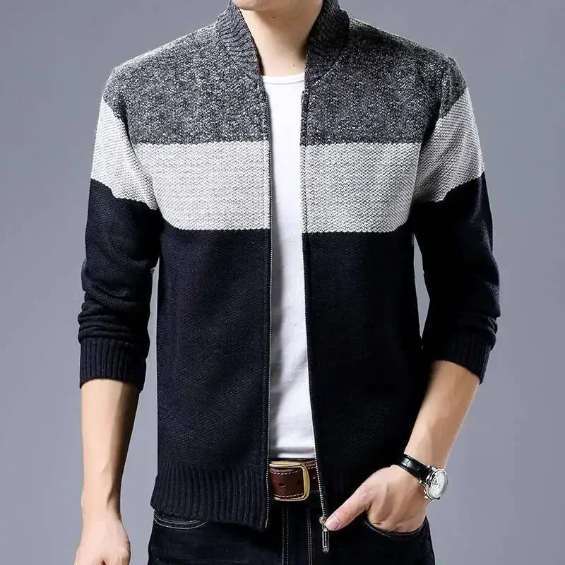 Men Cardigan Sweater Coat 2024 Autumn Winter New Keep Warm Thicken Knit Sweater Velvet Contrast Striped Zipper Jackets Outerwear